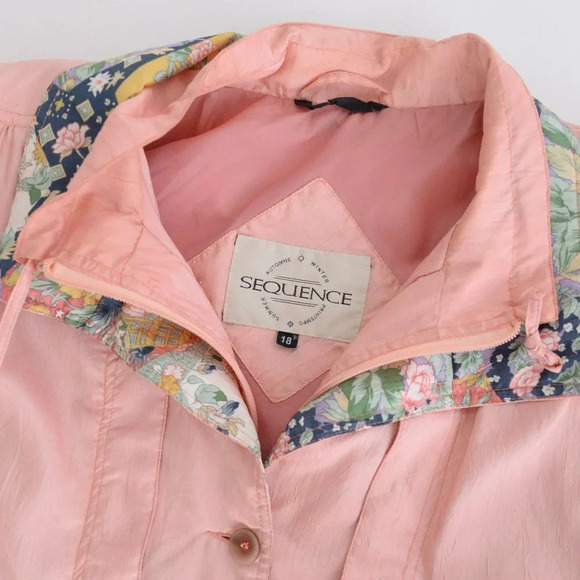 Vintage Sequence Peach Nylon w Floral Collar & Cuff Zip Up Utility Jacket 18 - Picture 10 of 12
